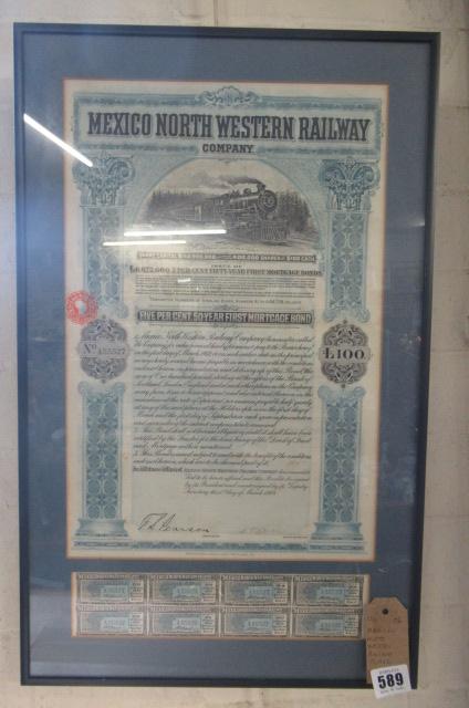 FRAMED MEXICAN NORTH WESTERN RAILWAY  SHARE CERTIFICATE Image