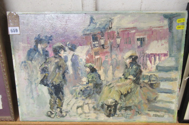 19TH CENTURY STYLE OIL ON BOARD STREET SCENE SIGNED K STEVENS Image