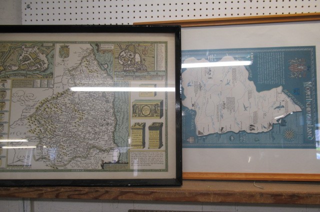 TWO FRAMED MAPS OF NORTHUMBERLAND AND TWO NEEDLE WORKS Image