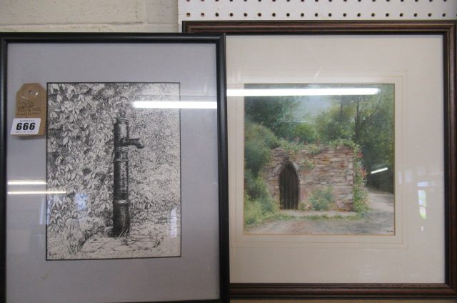 SIGNED PEN AND INK  AND A WATERCOLOUR Image