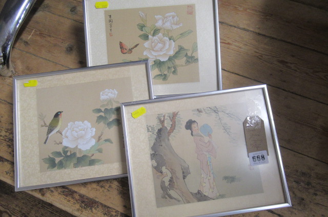 THREE SMALL  METAL FRAMED CHINESE PAINTINGS ON RICE PAPER Image