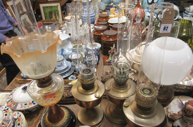 FIVE BRASS AND GLASS OIL LAMPS Image