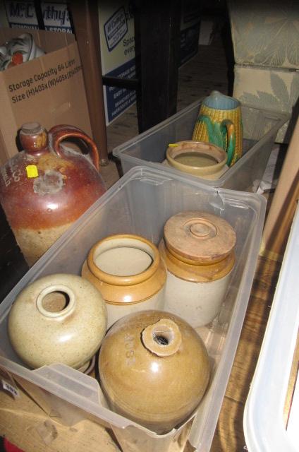 STONE FLAGON AND TWO BOXES OF STONE WARE ETC Image