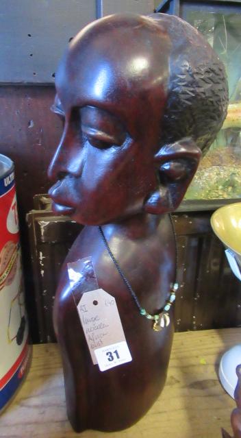 LARGE CARVED WOOD AFRICAN BUST Image