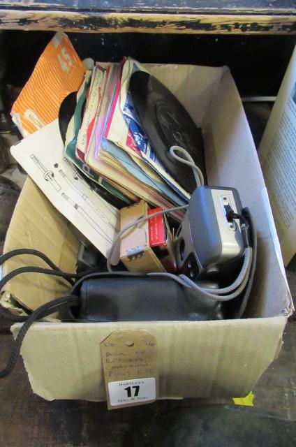 BOX OF RECORDS  CAMERAS  PENS ETC Image