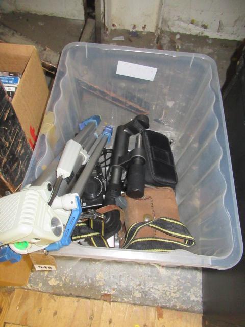 BOX OF CAMERAS AND TRIPOD ETC Image