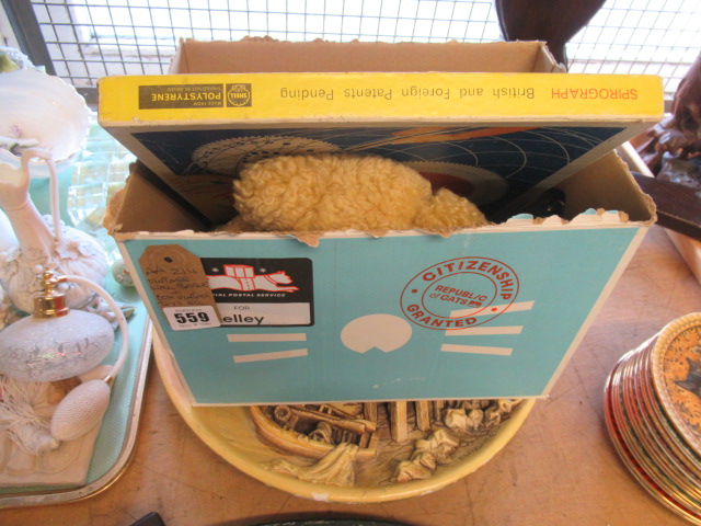 VINTAGE WALL PLAQUE AND BOX OF VINTAGE TOYS ETC Image