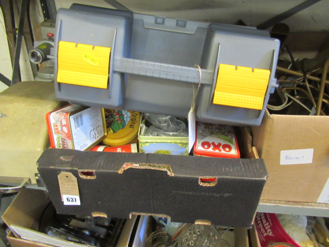 BOX OF OLD TINS AND BOX OF SEWING ITEMS Image