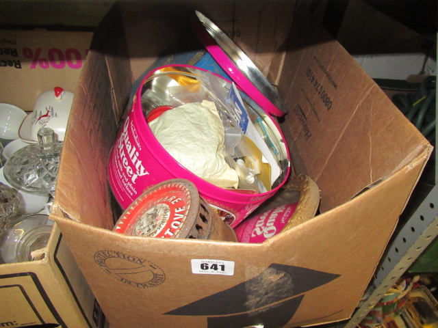 BOX OF MISCELLANEOUS INCLUDING COPPER POSSER AND A TIN OF BUTTONS Image