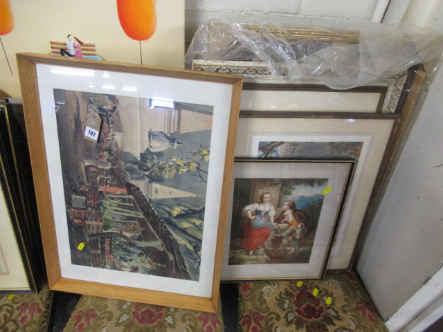 SIX PICTURES INCLUDING WATERCOLOUR OF INDIAN MARKET SCENE Image