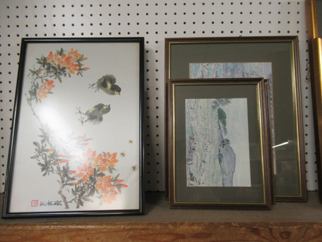 THREE FRAMED CHINESE SILK PICTURES AND THREE PRINTS Image