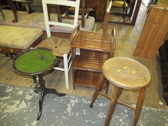RATTAN THREE TIER STAND AND WICKER SEATED CHAIRS AND STOOL ETC Image