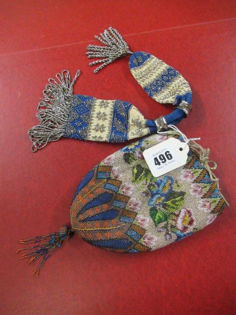 VICTORIAN KNITTED COTTON AND STEEL BEAD MISER'S PURSE AND A VICTORIAN BEADWORK BAG Image