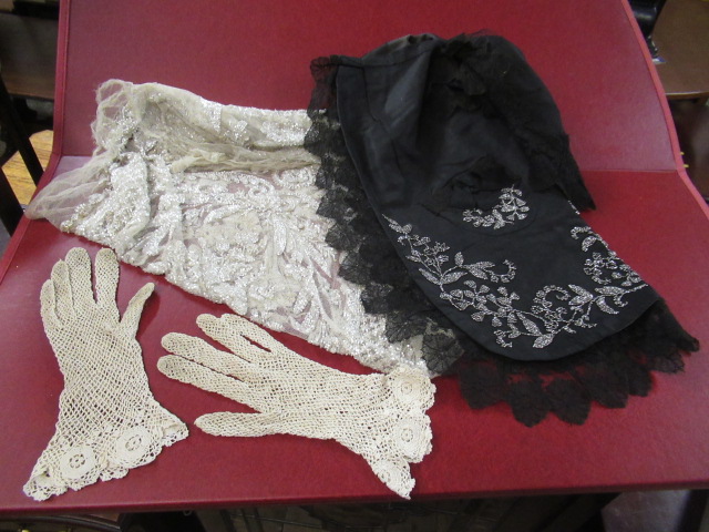 STEEL BEAD BLACK SATIN APRON PAIR OF CROCHET GLOVES AND A BUGLE BEAD NET PANEL Image