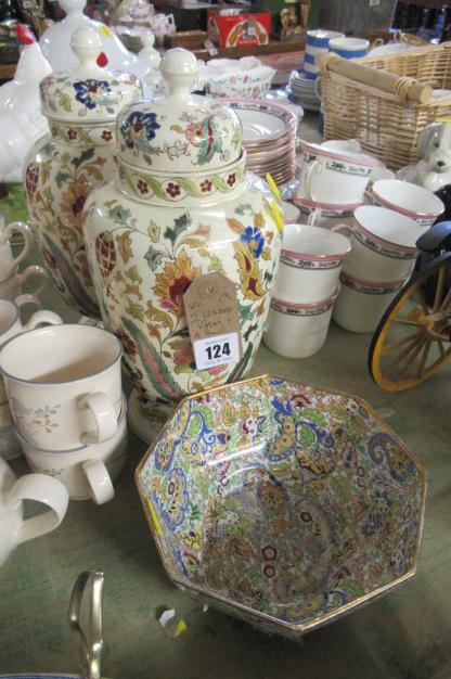 TWO LIDDED VASES AND A BOWL Image