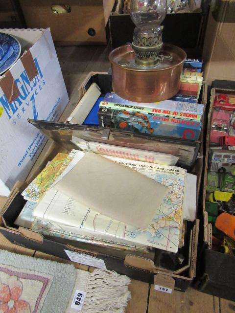 BOX OF MAPS AND A COPPER LAMP ETC Image