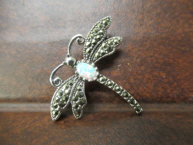 OPAL AND MARCASITE DRAGONFLY SILVER BROOCH Image