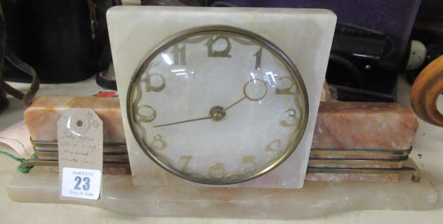 ART DECO WHITE ONYX AND MARBLE MANTLE CLOCK Image