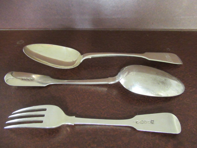 TWO SILVER TABLE SPOONS AND A SILVER FORK Image