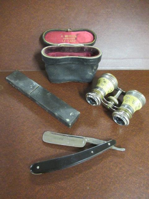 CASED OPERA GLASSES AND A CUT THROAT RAZOR Image