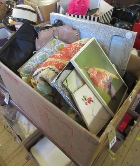 BOX OF HANDBAGS  THROWS AND FABRIC  ETC Image