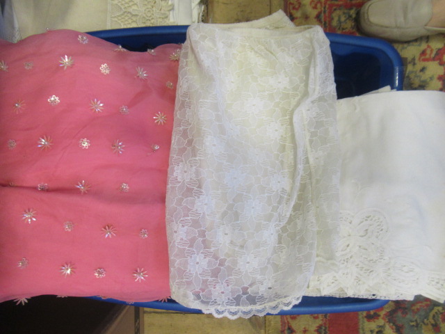 BOX OF MATERIAL AND A PINK EVENING DRESS Image