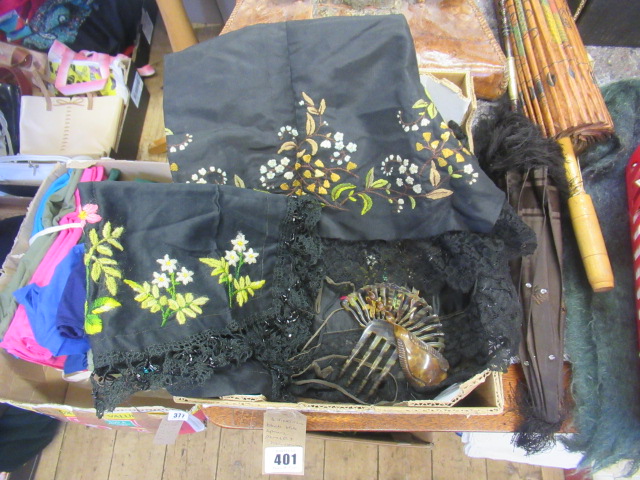 THREE VICTORIAN BLACK SILK APRONS A PARASOL AND HAIR COMBS Image
