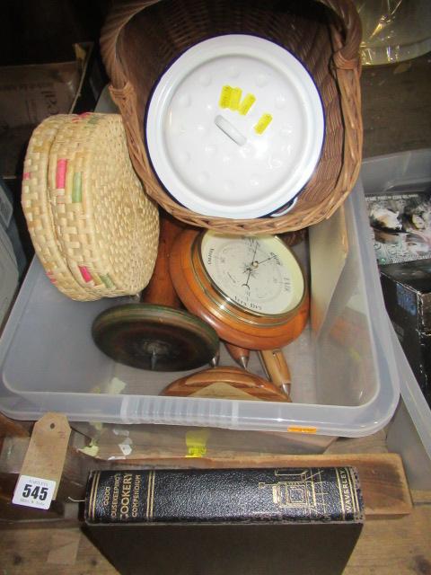 BOX OF WOODEN ITEMS AND BASKET ETC Image