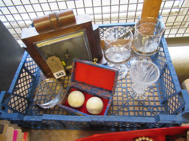 BOX OF MISCELLANEOUS ITEMS INCLUDING BAROMETER AND SET SQUARE ETC Image