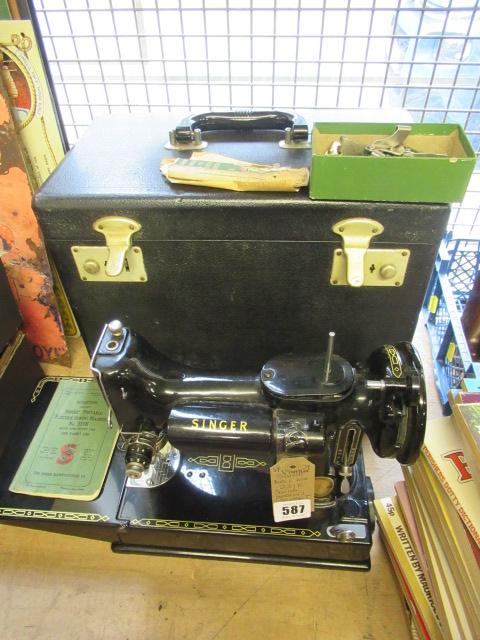 VINTAGE SINGER BLACK BOX 221K SEWING MACHINE AND ACCESSORIES Image