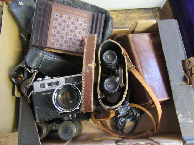 BOX OF CAMERAS AND BINOCULARS ETC Image