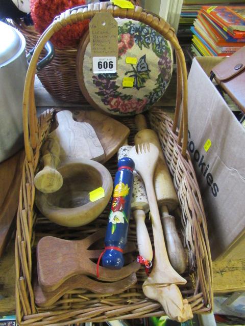 WICKER BASKET WITH ROLLING PINS AND PESTLE AND MORTAR ETC Image