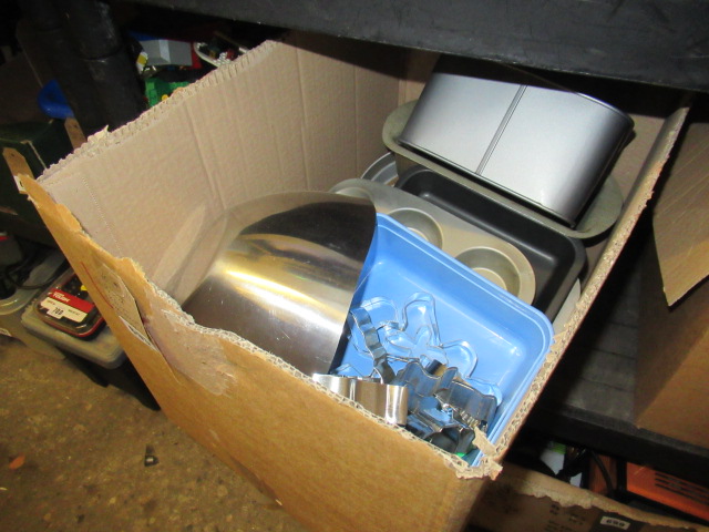 BOX OF KITCHEN EQUIPMENT AND TINS ETC Image