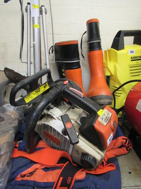 STIHL CHAIN SAW  BOOTS  BAG TROUSERS AND A GOLF TROLLEY Image