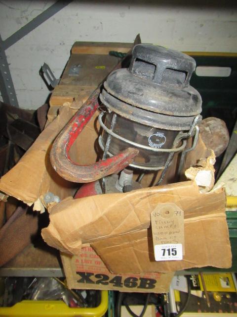 TILLY LAMP AND A WOODEN BOX OF TOOLS Image