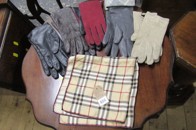 SIX PAIRS OF LEATHER GLOVES AND A BURBERRY SILK SCARF Image