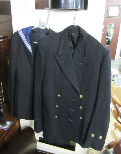 NAVAL TIN HAT BOX WITH CAP  HORNE NAVAL SUIT AND TWO OTHERS Image