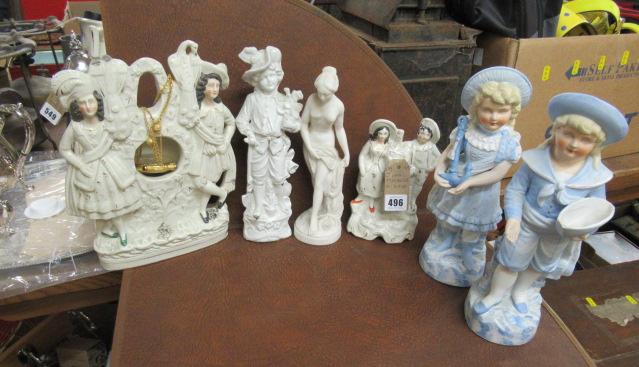 TWO STAFFORDSHIRE FLATBACKS AND FOUR FIGURES Image