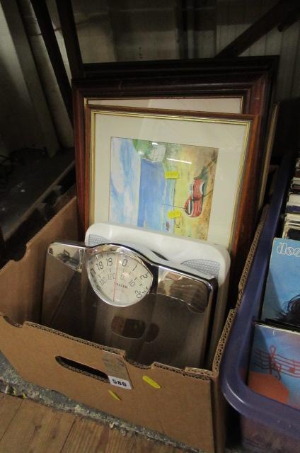 BOX OF PRINTS AND TWO WEIGHING SCALES Image