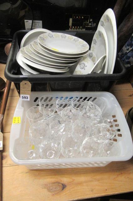 BOX OF DINNER WARE AND A BOX OF GLASS Image