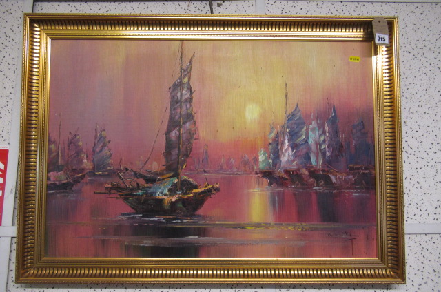 GILT FRAMED OIL OF A JUNK BOAT Image