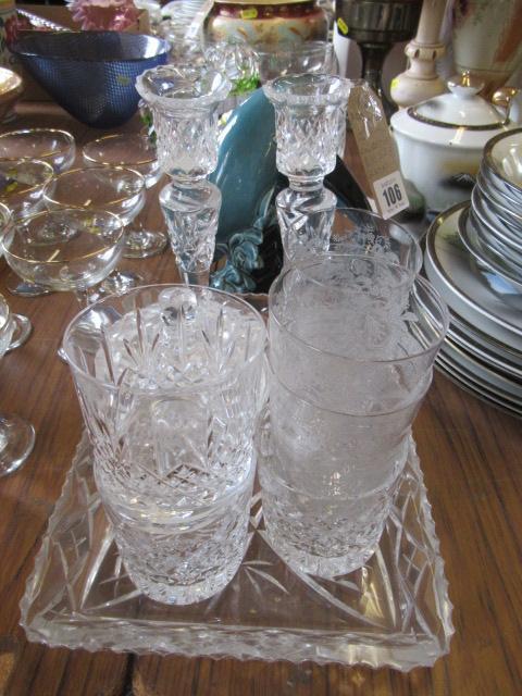 GLASS TRAY CANDLESTICKS DISH AND EIGHT GLASSES Image