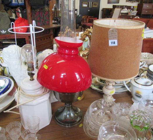 TWO TABLE LAMPS AND AN OIL LAMP Image