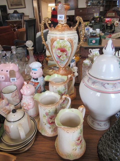 STAFFORDSHIRE POTTERY URN ON STAND AND THREE JUGS Image