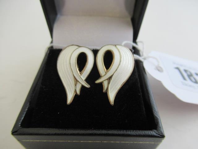 PAIR OF ALBERT SCHARNING NORWEGIAN SILVER GILT AND WHITE ENAMEL EAR CLIPS Image