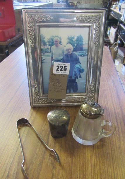SILVER PHOTOGRAPH FRAME TONGS AND BOTTLE ETC Image