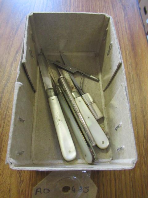 THREE SILVER BLADED FRUIT KNIVES AND SILVER SEWING SCISSORS Image