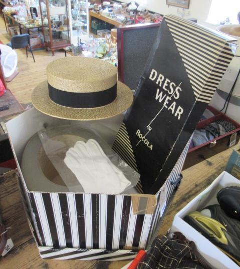 STRAW BOATER SIZE 6 7/8 GREY SCOTTS TOP HAT DRESS SHIRT AND GLOVES Image