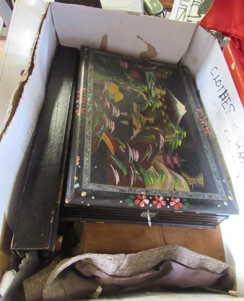 PAIR OF SEARS SUEDE TROUSERS SIZE 14 BOX OF LADIES CLOTHES AND A WEDDING UMBRELLA Image