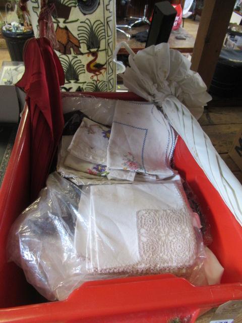 BOX OF LINEN ETC AND TWO UMBRELLAS Image